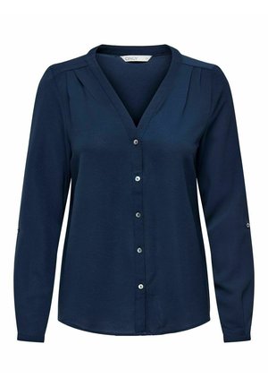 Granatowa koszula na długi rękaw z guzikami, dekoltem w serek, plisowanym wzorem i srebrnymi guzikami. Miękka w dotyku, o luźnym kroju.