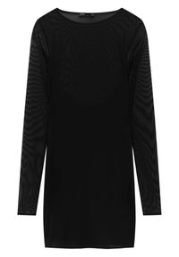 Haut noir en mesh transparent à manches longues, col rond et silhouette ajustée, présenté sur un fond blanc.