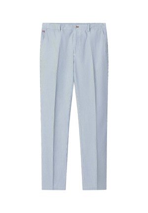 Pantalon pour homme à fines rayures bleu clair et blanc, avec passants pour ceinture, fermeture par bouton et poches avant.
