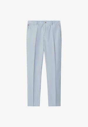 Hellblaue und weiße, nadelgestreifte Herrenhose mit Gürtelschlaufen, Knopfverschluss und vorderen Taschen.