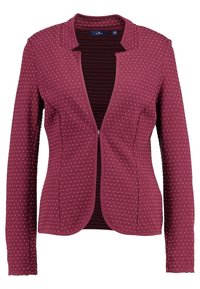 Bordowy żakiet o fakturowanym wykończeniu, z zaokrąglonym kołnierzykiem i długimi rękawami, ozdobiony małymi białymi kropkami i otwartym przodem.
