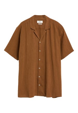 Chemise marron à manches courtes avec boutons sur le devant, col camp, six boutons devant, en tissu texturé.
