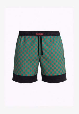 Pánske zeleno-červené kockované plavkové šortky s čiernym pásom a lemom, na páse označené červeným logom „KAVANAGH“.