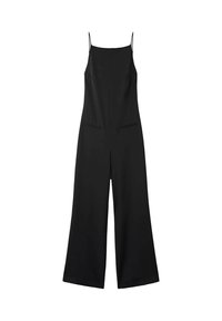 Svart jumpsuit med tunna axelband, vida ben och en åtsittande bodice. Har två framfickor och en slät, matt yta.
