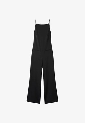 Czarny kombinezon z cienkimi ramiączkami, szerokimi nogawkami i dopasowanym górnym częścią. Posiada dwie przednie kieszenie i gładkie, matowe wykończenie.