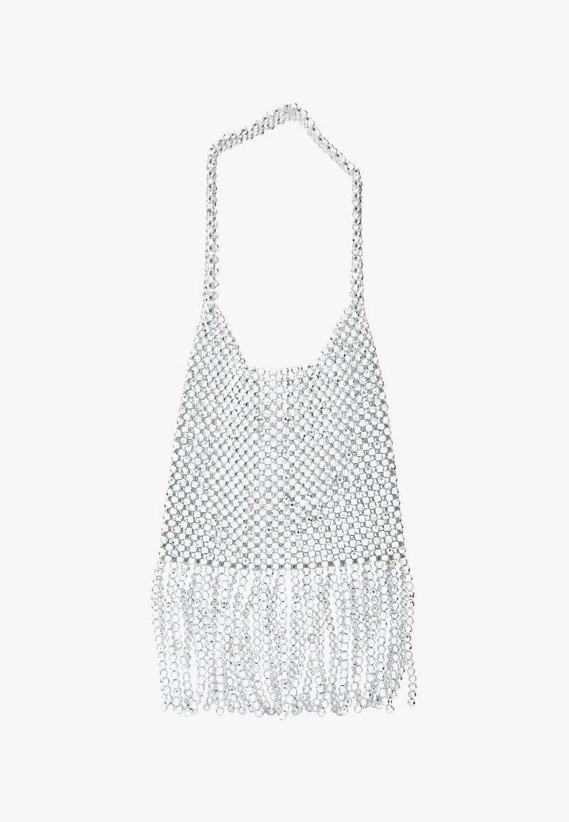 Silver bead handbag with a fringe design, features a mesh-like structure, and a looped strap, showcasing a glossy, reflective finish.