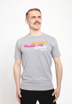 Gray cotton t-shirt featuring a colorful "JT Racing" graphic with horizontal stripes in pink, orange, and yellow. Short sleeves and crew neckline.