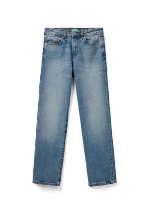 Světle modré džíny z denimu se střihy rovnými nohavicemi, designem s pěti kapsami a viditelnými švy. Materiál vykazuje mírné vyblednutí.