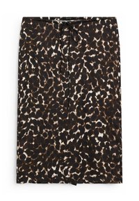 Gonna midi zebra in brown e crema, con vita regolabile e texture liscia. Taglio dritto senza ulteriori decorazioni.