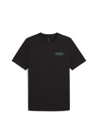 Sort bomulds T-shirt med korte ærmer, rund halsudskæring og et turkis ovalt logo med "PUMA" på venstre brystområde.