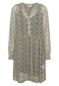 Robe transparente à manches longues avec un motif abstrait noir et crème, décolleté en V, patte de boutonnage et taille froncée pour un tombé fluide.