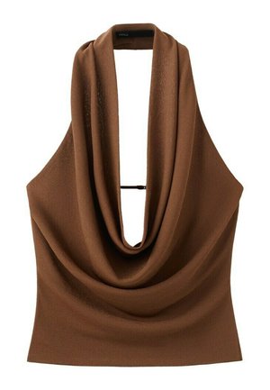 Haut marron sans manches avec un décolleté drapé profond en forme de bénitier et une fine lanière horizontale traversant le haut de la poitrine.