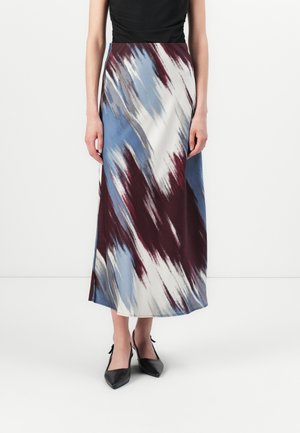 Maxi skirt with a flowing design, featuring a color pattern of burgundy, blue, and white. Made from a smooth fabric with side slits.