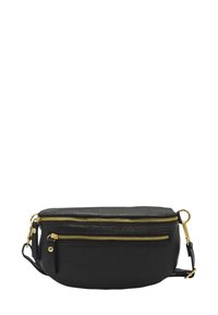 Sac bandoulière en cuir noir avec deux compartiments zippés dorés, design plat, bandoulière réglable et une finition texturée subtile.