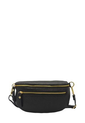 Sac bandoulière en cuir noir avec deux compartiments zippés dorés, design plat, bandoulière réglable et une finition texturée subtile.