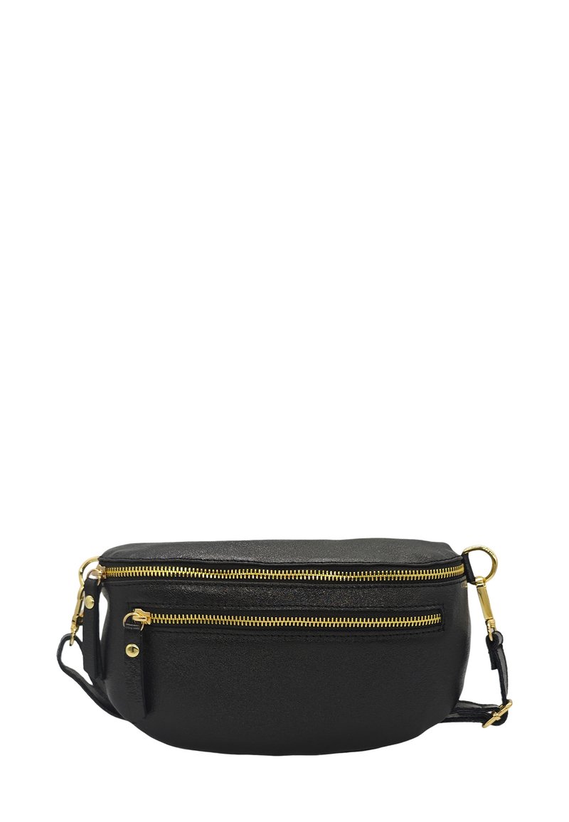 Sac bandoulière en cuir noir avec deux compartiments zippés dorés, design plat, bandoulière réglable et une finition texturée subtile.