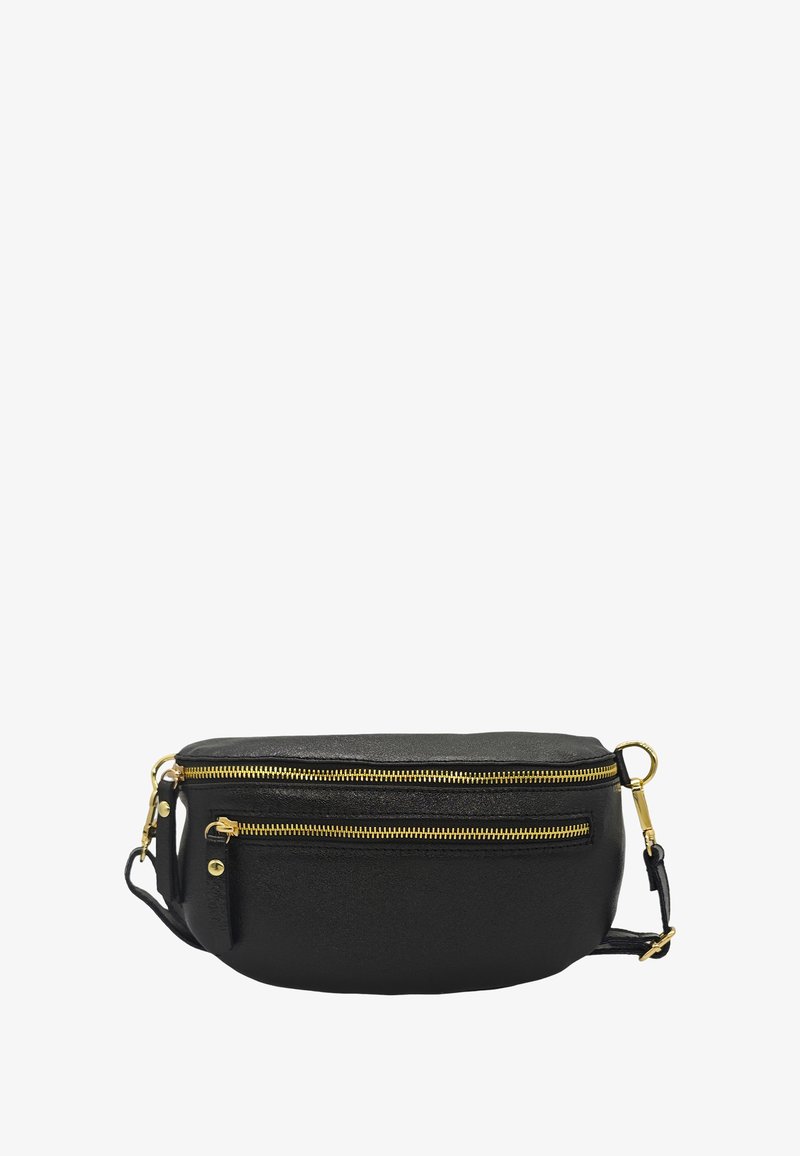 Sac bandoulière en cuir noir avec deux compartiments zippés dorés, design plat, bandoulière réglable et une finition texturée subtile.