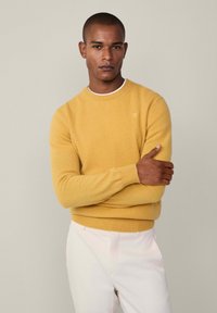 Žlutý pletený svetr s kulatým výstřihem, dlouhými rukávy a žebrovanými manžetami, v kombinaci se světle zbarvenými kalhotami. Jemný detail loga na hrudi.