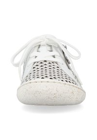 White sneaker featuring a breathable mesh body, textured toe cap, and lace-up closure. Accented with a solid white heel and eco-friendly sole.
