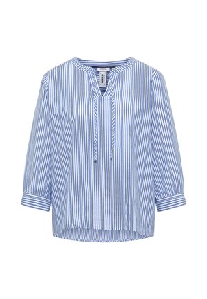 Sinivalkoraidallinen pitkähihainen paita, jossa V-aukko, solmimisyksityiskohta ja kalvosinlahkeet.