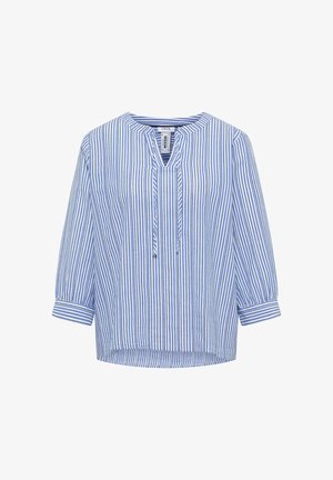 Blau-weiß vertikal gestreifte Langarmbluse mit V-Ausschnitt, Bindedetail und geknöpften Ärmeln.