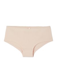 Beige Damen Baumwoll-Hipster-Unterwäsche mit einer kleinen dekorativen Schleife am Bund, flach auf einem weißen Hintergrund dargestellt.