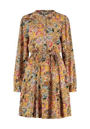 Floral knee-length dress in lightweight fabric, featuring long sleeves, a round neckline, button closure, and an elastic waist with gathering.