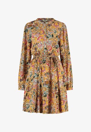 Cvećna haljina do koljena od lagane tkanine, sa dugim rukavima, okruglim izrezom, zatvaranjem na dugmadi i elastičnom strukom s naborima.