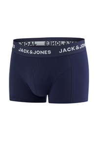 Navy blue boxer briefs made of soft fabric, featuring elastic waistband with "JACK & JONES" text, and a fitted design with flatlock seams.