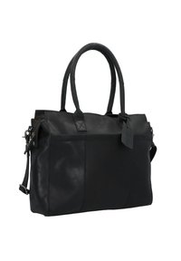 Schwarze Lederhandtasche mit zwei oberen Griffen und einem abnehmbaren Schultergurt. Sie verfügt über eine glatte Textur, rechteckige Form und eine Fronttasche.