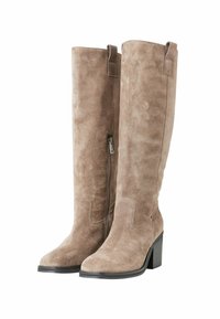 Knee-high, taupe suede boots with a square toe, side zipper, and a chunky black heel. Smooth texture and simple stitching details.
