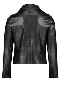 Black leather jacket with a structured collar, long sleeves, and smooth texture. Features horizontal stitching details on the back.
