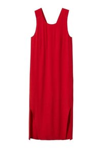 Robe sans manches rouge avec un d écolleté carré, des fentes latérales et une silhouette droite, fabriquée dans un tissu léger.