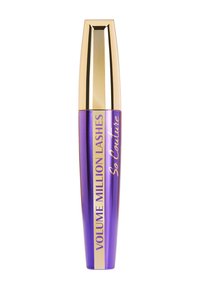 Purple cylindrical mascara tube with a gold cap. Features "Volume Million Lashes" and "So Couture" in white text on the body.