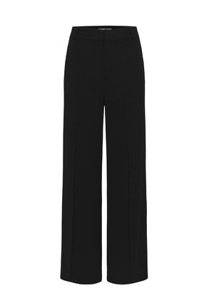 Pantaloni neri a gamba larga realizzati in tessuto liscio, con una vita frontale piatta e senza tasche o decorazioni visibili.