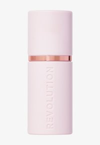 Rosa, sylinderformet flaske med hevet tekst "REVOLUTION," med et rosegull metallband. Glatt matt overflate, kompakt design.