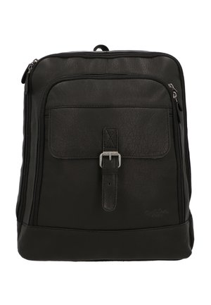 Czarny skórzany plecak z przednią kieszenią zapinaną na klamrę, górnym zamkiem błyskawicznym i teksturowanym wykończeniem. Solidny i praktyczny design.