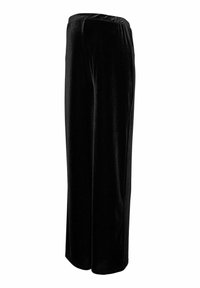 Melnas zamšādas platas kāju bikses ar elastīgu jostas vietu, ar gludu tekstūru un vienkāršu, plūstošu dizainu.