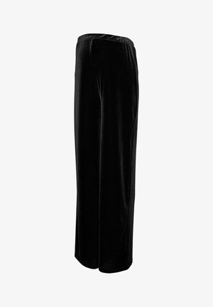 Schwarze Samt-Hosen mit weit geschnittenem Bein und elastischem Bund, die über eine glatte Textur und ein schlichtes, geradliniges Design verfügen.