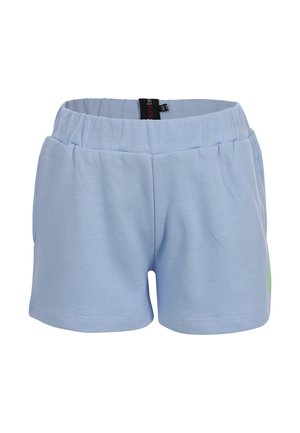 Lichtblauwe katoenen korte broek met elastische tailleband en zijzakken, afgebeeld tegen een effen witte achtergrond.