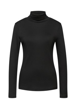 Zwarte coltrui met lange mouwen, gemaakt van een gladde, rekbare stof. Heeft een aansluitend ontwerp en een hoge hals voor extra warmte.