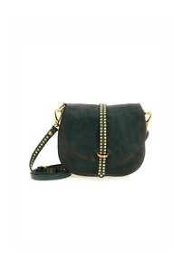 Borsa a tracolla verde in pelle con forma arrotondata, borchie dorate lungo il centro e tracolla removibile. Presenta una chiusura in metallo dorato.