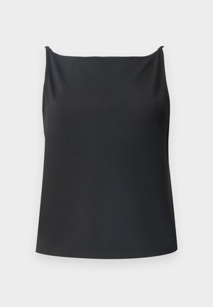 Top noir sans manches avec une texture côtelée, à encolure droite, avec des bretelles fines et une coupe décontractée. Pas de matériel ou de motifs visibles.
