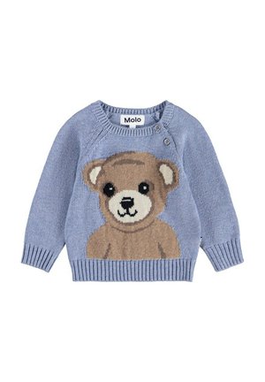 Blå stickad tröja med ett brunt björndesign på framsidan, ribbade mudd och fåll, samt två knappar på axeln.