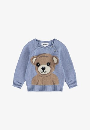 Maglione blu lavorato a maglia con un design di un orso bruno sul davanti, con polsini e orlo a coste, e due bottoni sulla spalla.