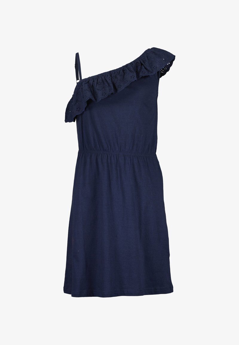 Robe bleu marine une épaule avec détail en dentelle œillet à volants et taille élastique, avec une fine bretelle unique sur le côté gauche.