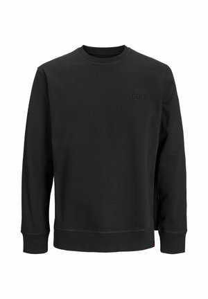 Sweatshirt noir en tissu doux, doté d'un col rond, de manches longues, de poignets côtelés et d'un logo en relief subtil sur la poitrine.