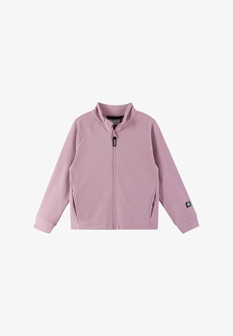 Giacca zip-up rosa chiaro con colletto alto, maniche raglan, due tasche laterali e un piccolo logo sulla manica sinistra. Tessuto morbido e strutturato.