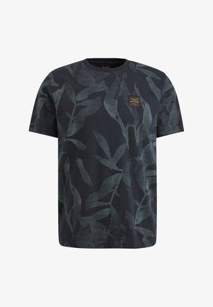 Mørkeblå t-shirt med bladmønster i nuancer af grønt. Har en rund halsudskæring og et lille mærke på forsiden. Fremstillet af bomuldsstof.