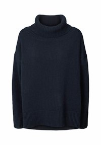 Temno modra pulover z visokim ovratnikom, izdelan iz pletenine z rebrastimi manšetami in robom, s sproščenim krojem in širokimi rokavi.